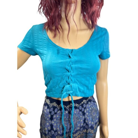 (6 for $25) SO Aqua Blue Short Sleeve Lace Up‎ Front Textured Tee - Size Small - Picture 3 of 6
